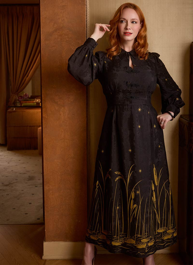 Christina Hendricks X Joanie - Bergamot Water Lily Border Print Midi Dress | Joanie
