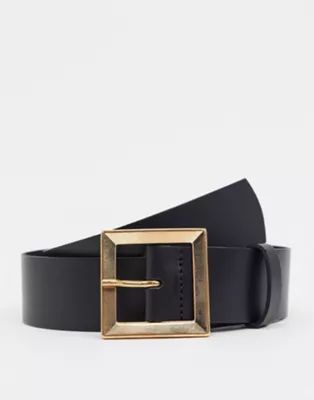 ASOS DESIGN leather bevelled square buckle hip and waist belt in black | ASOS (Global)