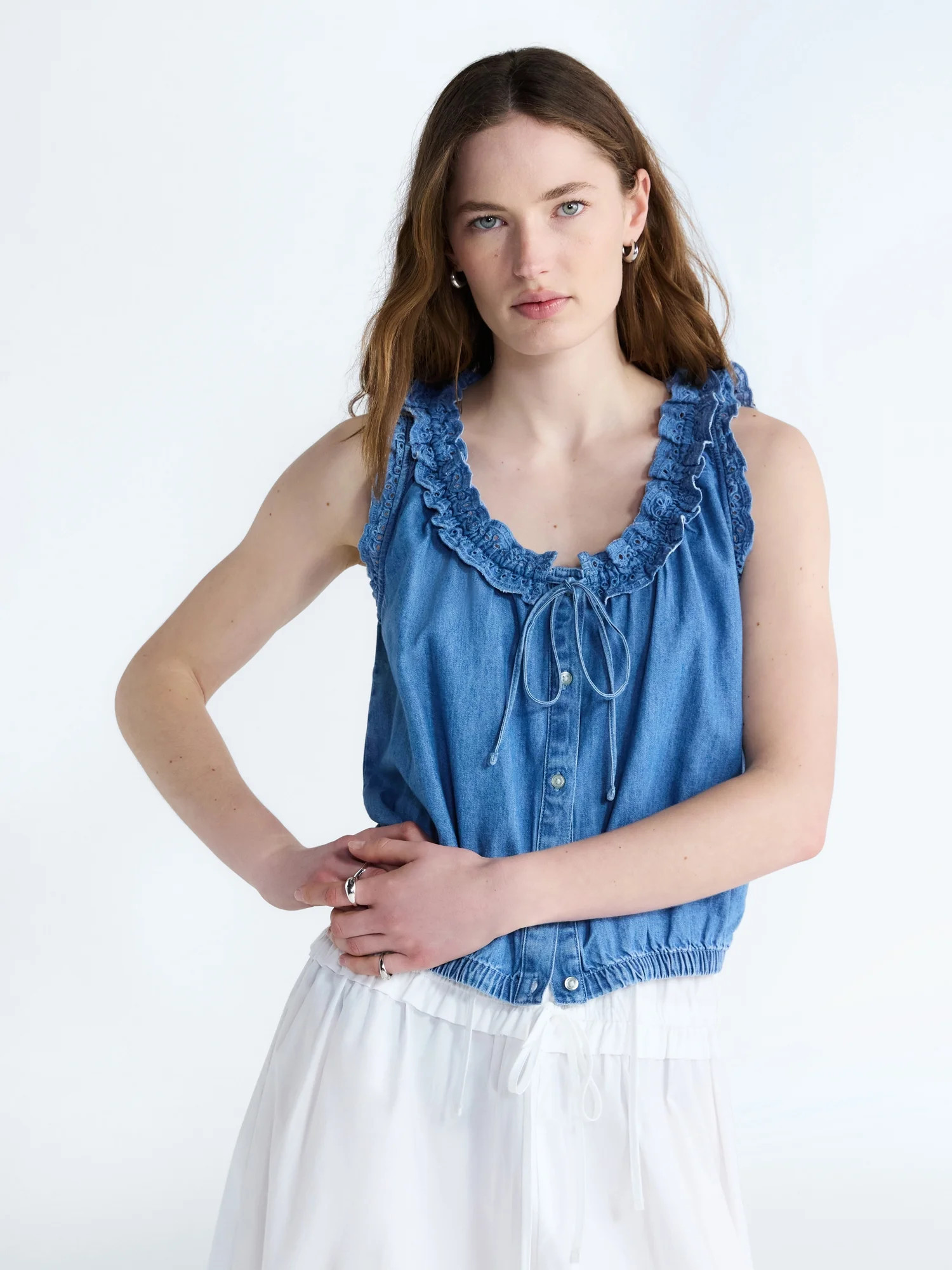Free Assembly Eyelet Ruffle Sleeveless Chambray Top, Sizes XS-XL | Walmart (US)