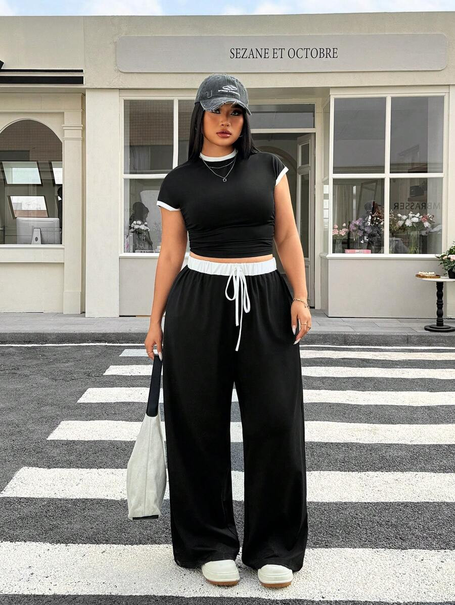 Muchica Black & White Contrast Color T-Shirt And Pants Set, Plus Size Women | SHEIN