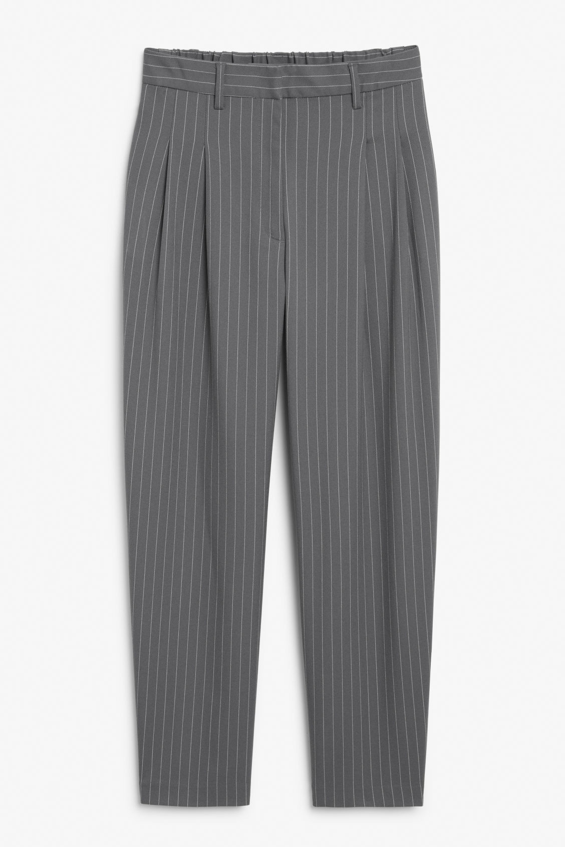 Grey pinstripe tapered leg trousers | Monki