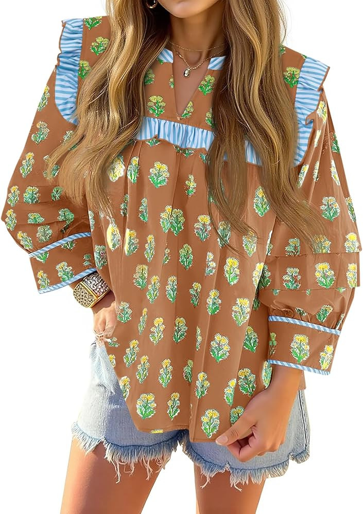 Tankaneo Womens Floral Babydoll Blouse Puff Sleeve Peplum Tops Casual Ruffle V Neck Flowy Boho Cu... | Amazon (US)