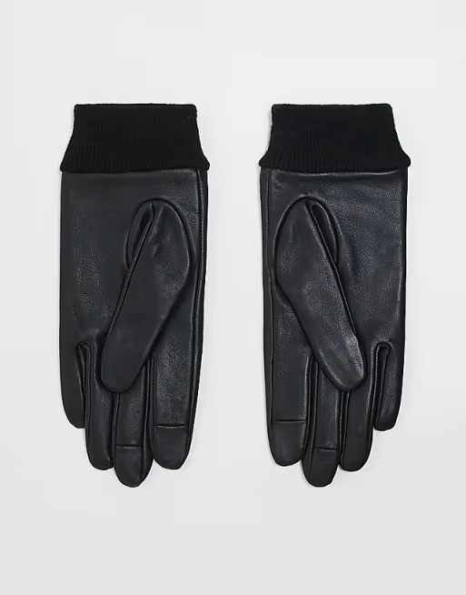 ASOS DESIGN leather gloves with rib cuff in black | ASOS (Global)