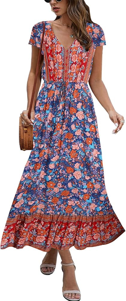TEMOFON Women's Dresses Summer Bohemian Casual Short Sleeve Floral Print Maxi Dress S-2XL | Amazon (US)
