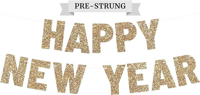 Pre-strung Happy New Year Banner - No DIY - Gold Glitter New Years Eve Party Banner - Pre-strung ... | Amazon (US)