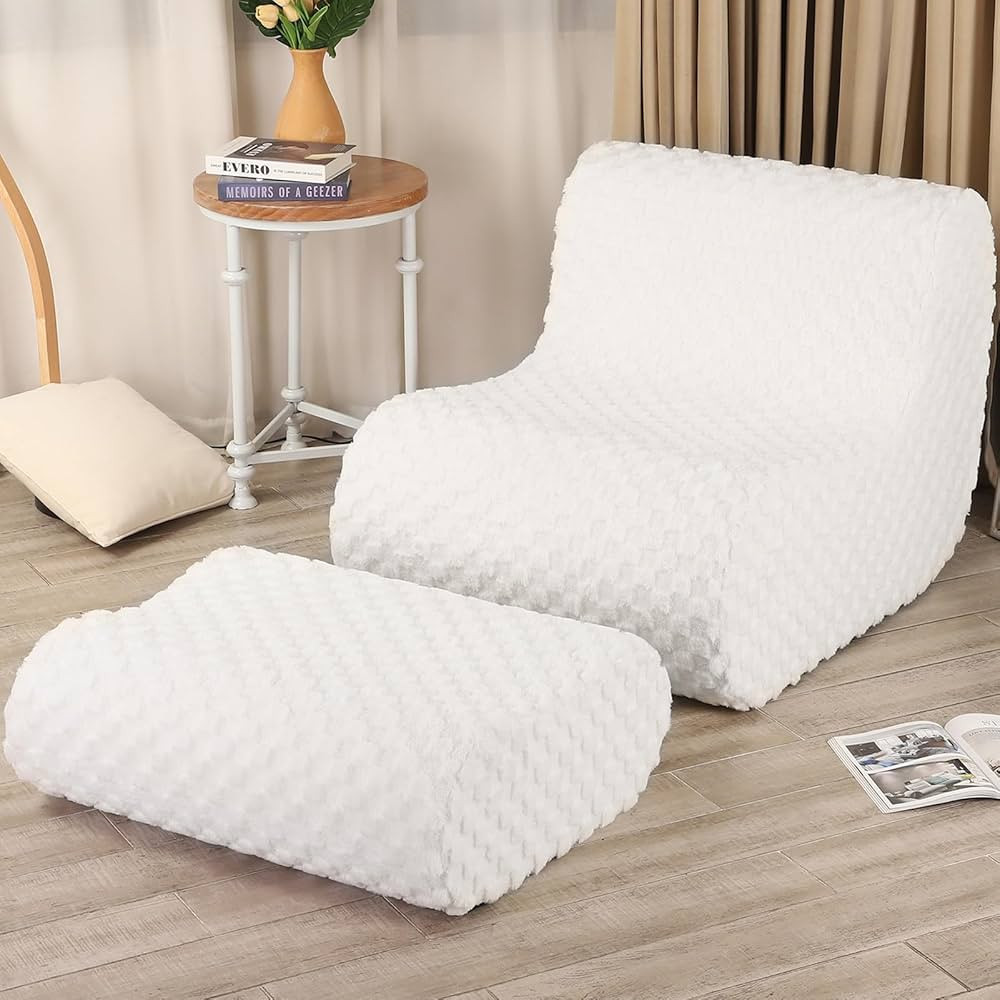 Accent Bean Bag Chair with Footstool, Modern Lazy Sofa Chair with Comfy Jacquard Shaggy Plush, Cr... | Amazon (US)