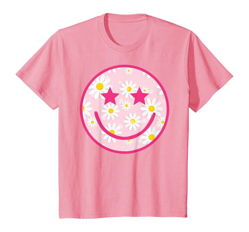 Funny Pink Happy Face Daisy Flower Shirt Smile Face Trendy T-Shirt | Amazon (US)