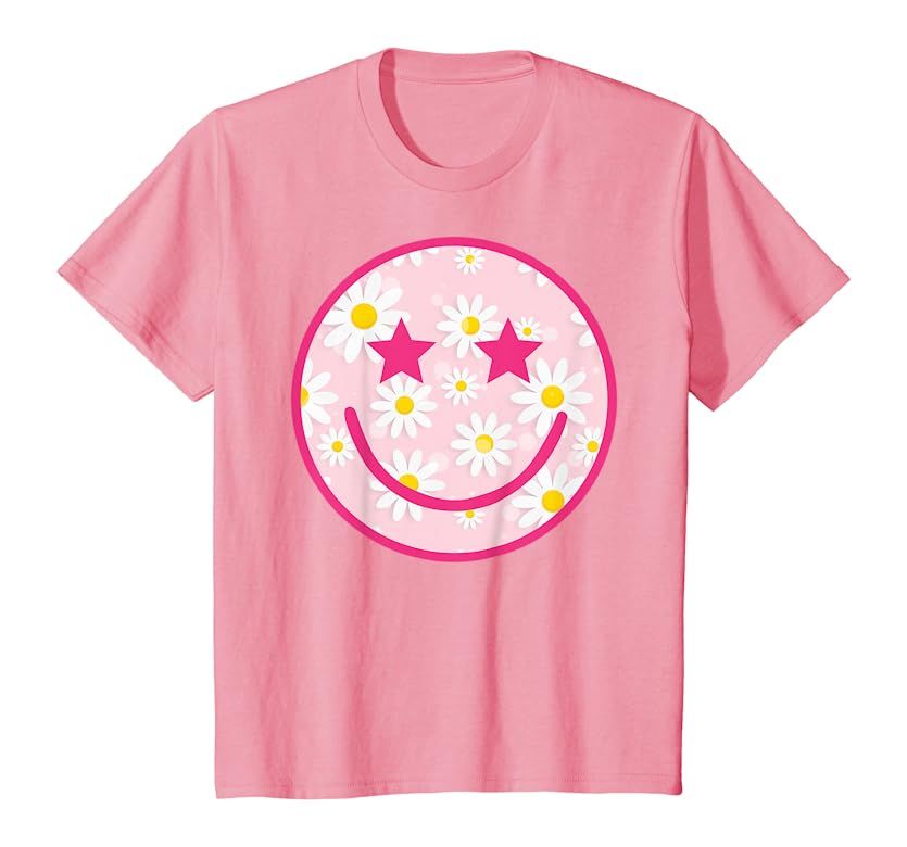 Funny Pink Happy Face Daisy Flower Shirt Smile Face Trendy T-Shirt | Amazon (US)
