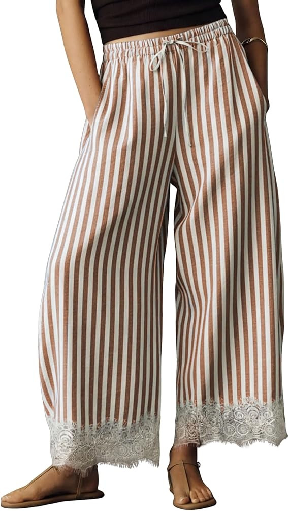 SCUSTY Women's Striped Cotton Linen Wide Leg Pants Drawstring High Waist Lace Trim Palazzo Trouse... | Amazon (US)