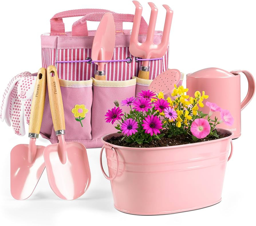 8Pcs Kids Gardening Set with Metal Basket & Real Metal Tools, STEM Outdoor Exploration Kit, Ergon... | Amazon (US)