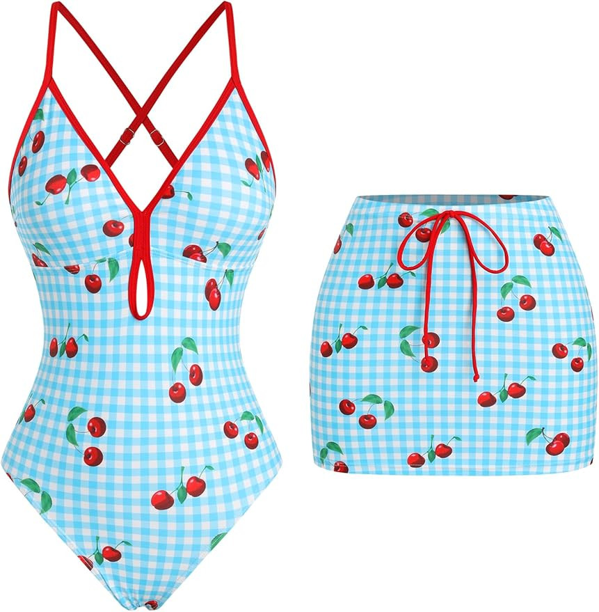 ZAFUL Women's One Piece Swimsuit with Skirt V Neck Plaid Bikini Front Cut Out Two Piece Bathing S... | Amazon (US)