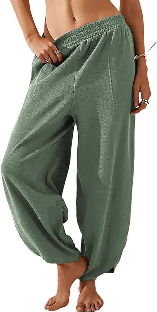 Xiaoxuemeng Womens Baggy Wide Leg Pants Casual Elastic Waisted Palazzo Harem Pants with Pockets | Amazon (US)