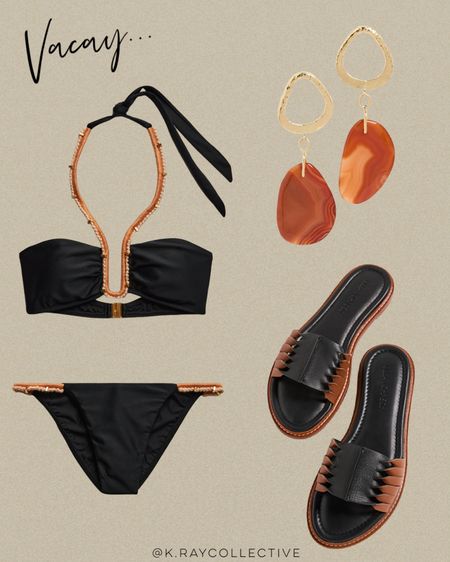 Everything here is 40% off.  The boHo details on this black two-piece swimsuit are on point.  These black and brown leather slides, pair perfectly and don’t forget a pair of statement earrings.  

Swim, resort, vacation outfits, swimsuits, bikinis, black swimsuits, spring swimsuits, spring sandals, spring jewelry, beach outfit

#LTKsalealert #LTKswim #LTKFind