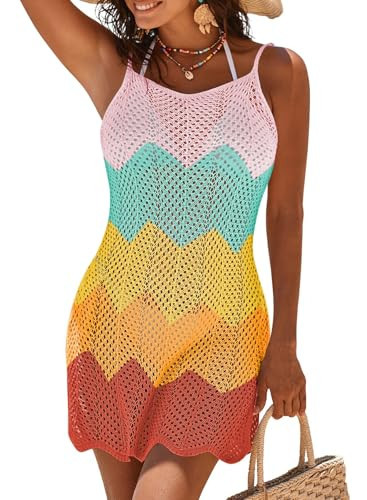 Pink Queen Fashion Colorful Beach Coverups for Women Summer Outfits Spaghetti Straps Mesh Knit Holiday Crochet Bathing Suits Cover Up Pool Party Yellow Orange M | Amazon (US)