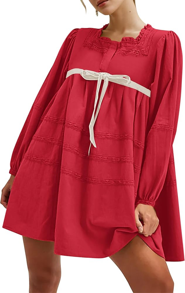 MISSACTIVER Women Long Puff Sleeve Flowy Mini Dress Cute Bow Tie Front Babydoll Dress Trendy Embr... | Amazon (US)