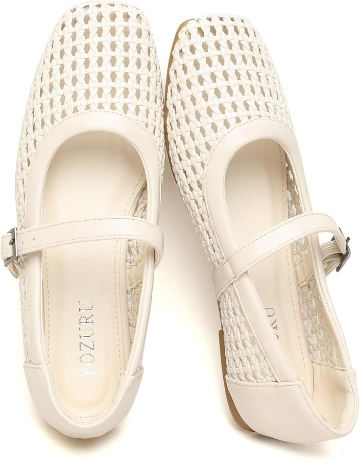 Yozuru Womens Woven Ballet Flats Mesh Mary Jane Shoes Dressy Squared Toe Comfortable Buckle Strap... | Amazon (US)
