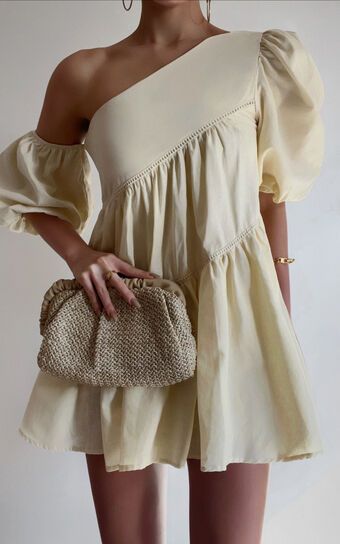 Harleen Mini Dress - Linen Look Asymmetrical Trim Puff Sleeve Dress in Beige | Showpo (US, UK & Europe)