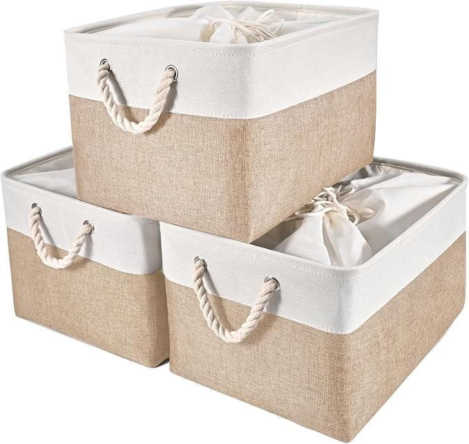 HOdo Home 15.8×11.8×9.5 In/3PCS Fabric Storage Bins with Drawstring Closure and 2 Bold Handles,... | Amazon (US)