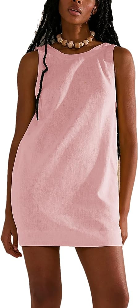 Womens Summer Open Back Sunshine Dresses 2024 Casual Beach Cotton Linen Mini Dress | Amazon (US)