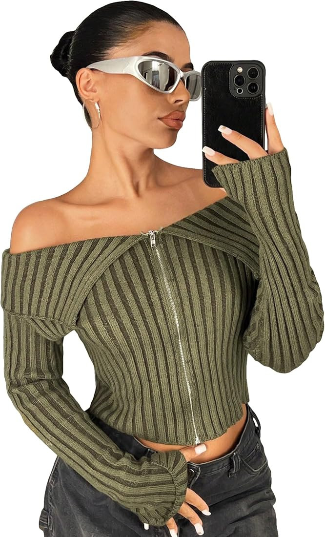 COZYEASE Women's Off Shoulder Long Sleeve Tops Zip Up Ribbed Knit Crop Sweater Slim Fit Y2K Cardi... | Amazon (US)