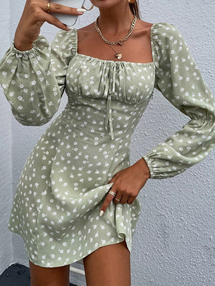 Ditsy Floral Square Neck Tie Front A-line Dress | SHEIN