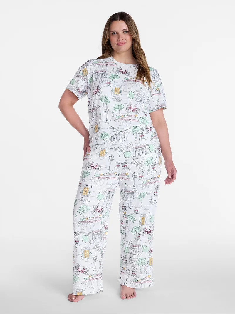 Joyspun Women's Dreamy Soft Collection Short Sleeve Sleep Top and Open Leg Pants Pajama Set, 2-Pi... | Walmart (US)
