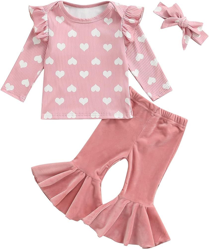 Toddler Baby Girl Valentine's Day Clothes Outfit Set 3Pcs Long Sleeve Love Heart Pullover Tops Fl... | Amazon (US)