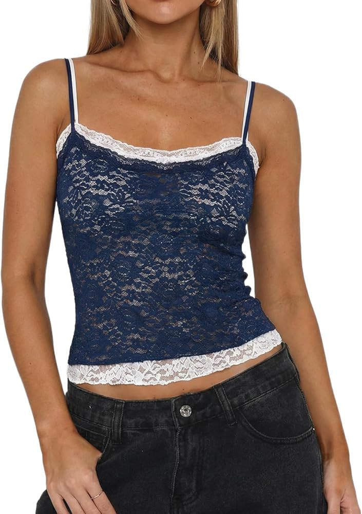 QINSEN Women's Double Layer Lace Camisole Tank Scoop Neck Summer Y2k Going Out Trendy Cami Shirt | Amazon (US)