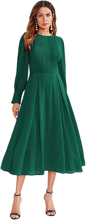 Milumia Women's Elegant Frilled Long Sleeve Pleated Fit and Flare Dress | Amazon (US)