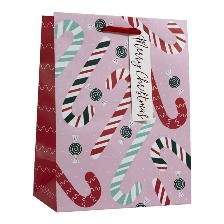 Medium Winter Blush Pink Candy Cane Christmas Gift Bag, 9.88 in x 4.5 in x 7.5 in, by Holiday Tim... | Walmart (US)