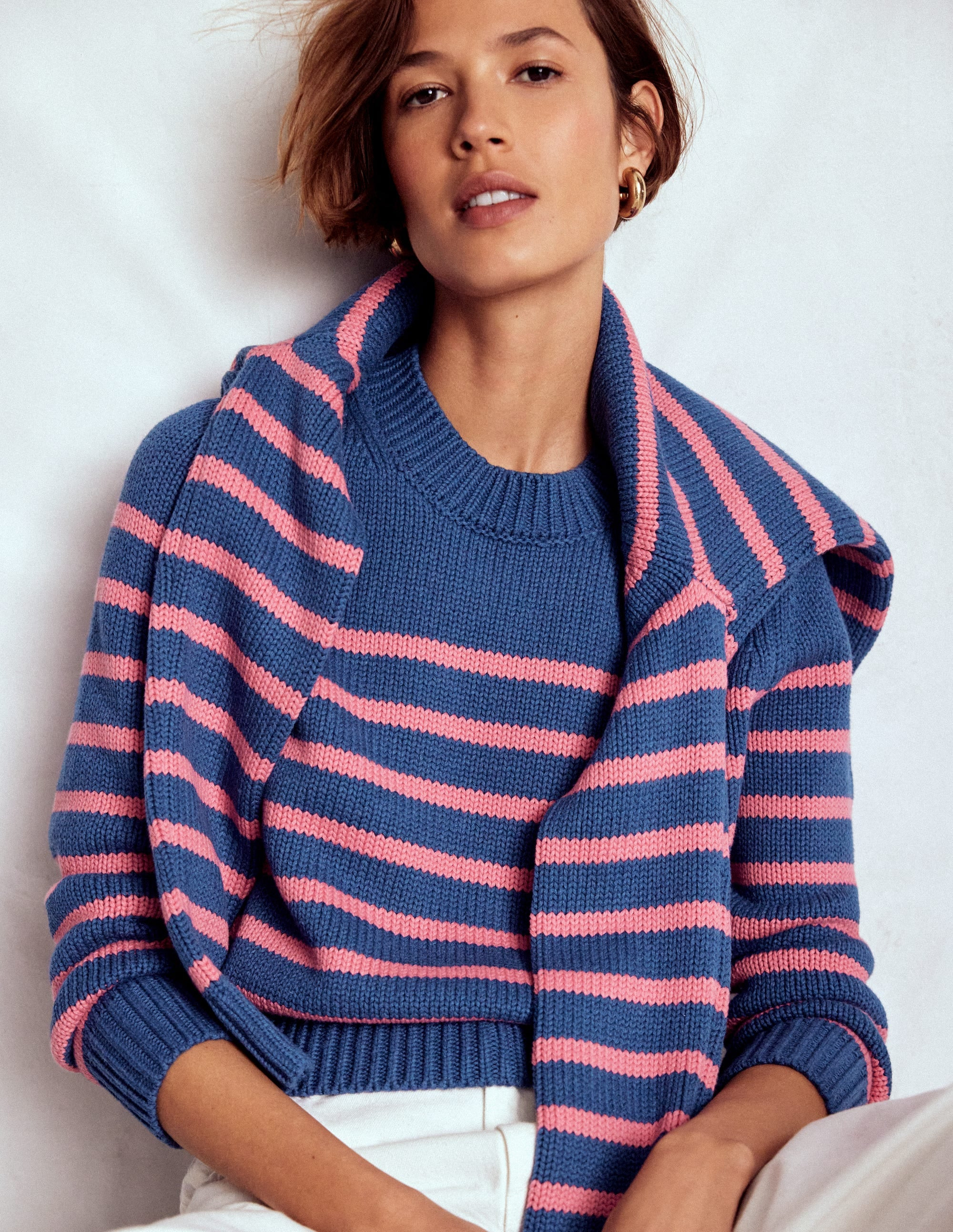 Lucy Chunky Cotton Sweater-Blue, Pink Stripe | Boden (US)
