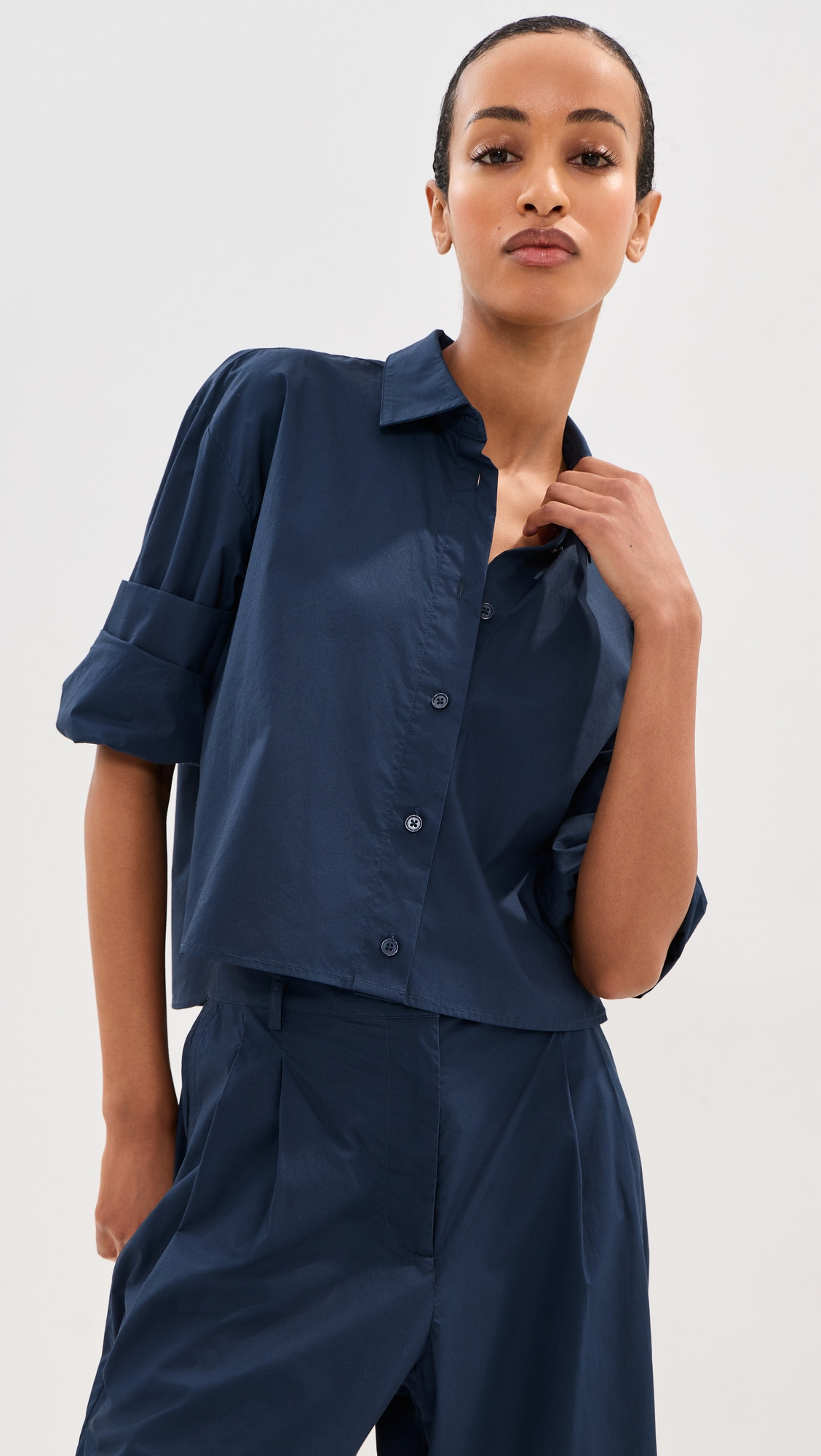 LE BOP Felicity Boxy Cropped Poplin Button Down Shirt Navy XL | Shopbop