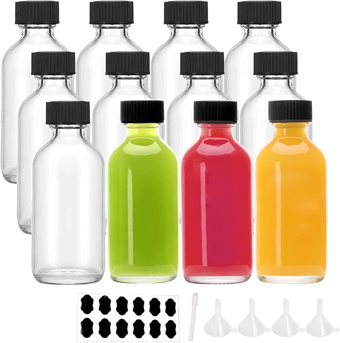 YBCPACK 12 Pack Glass Shot Bottles with Lids 60ml Small Ginger Bottles Refillable with 4 Mini Fun... | Amazon (UK)