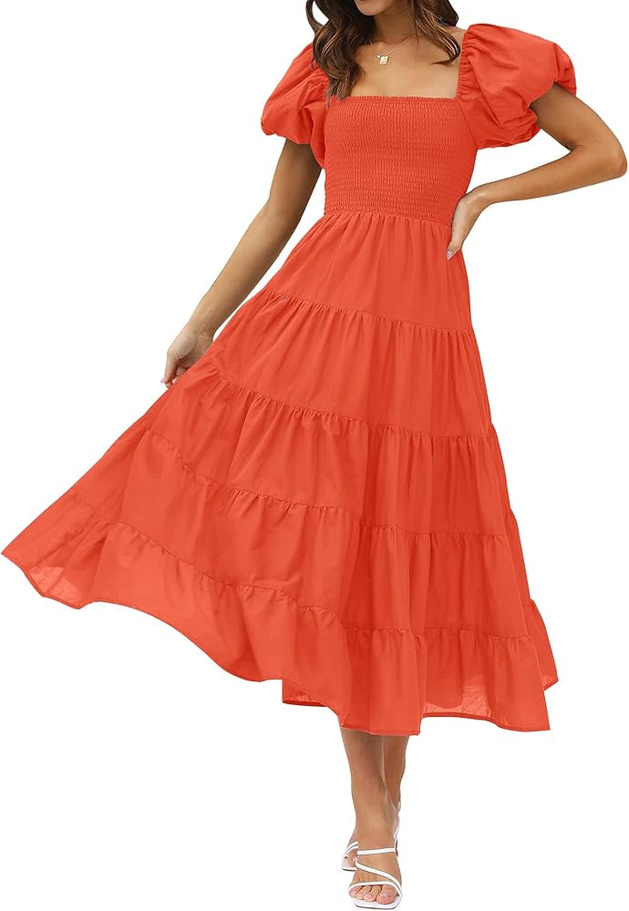 ZESICA Women's 2023 Summer Square Neck Short Puff Sleeve Solid Color High Waist Casual Smocked Fl... | Amazon (US)