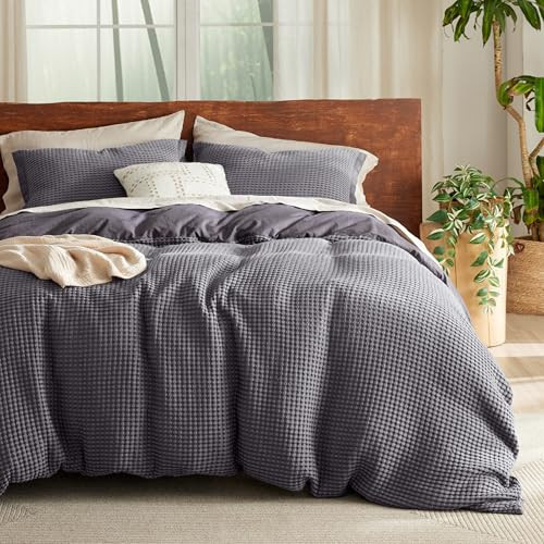 Bedsure Cooling Waffle Duvet Cover King - Cotton Blend Rayon Derived from Bamboo Duvet Cover Set for Hot Sleepers, Breathable Bedding Set with a Vintage Charm, 3 Pieces (Charcoal, King, 104"x90") | Amazon (US)