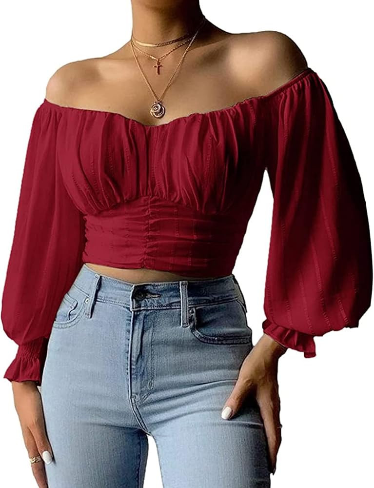 MIRACMODA Womens Elegant Off The Shoulder Puff Sleeve Blouse Summer Chiffon Slim Fit Party Crop T... | Amazon (US)