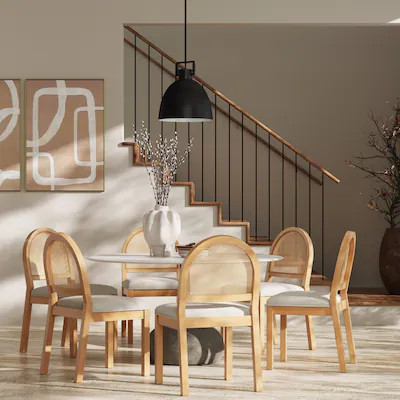 Bailey 19 in. Boucle Dining Chair, Upholstered Side Chair with Natural Woven Rattan Back and Soli... | Bed Bath & Beyond