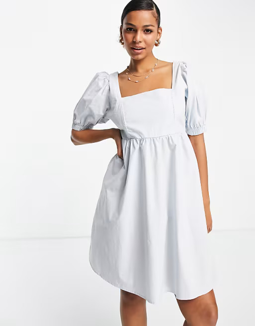 Pieces puff sleeve mini smock dress in blue | ASOS (Global)