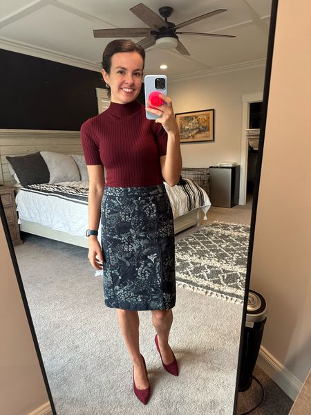 Floral pencil skirt is thrifted, but loving this new burgundy knit top for transitioning to fall

#LTKfindsunder50 #LTKworkwear