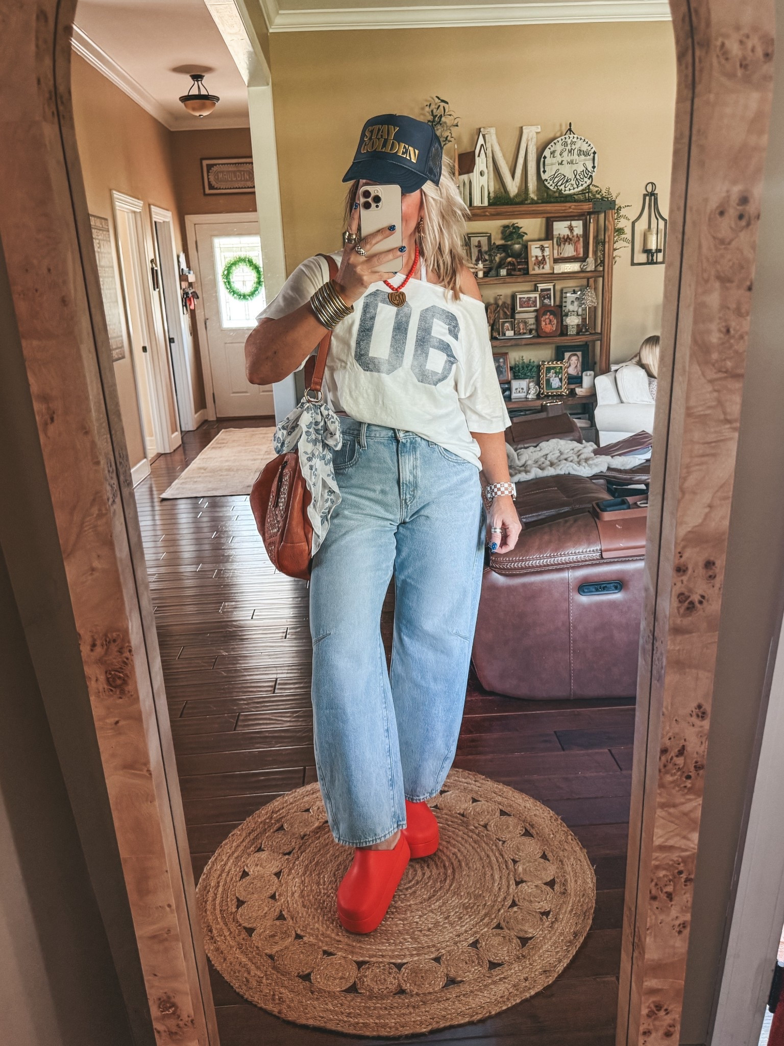 This off shoulder tee is adorable! Love it with my fav Jean that cinch in the waist…so no gap! 👏🏼 perfect pop of color with these crocs too! 
Tee M
Jeans sized up one
Crocs I size down 
✨Save on my necklace, checkered ring and earrings w/ code MANDIE 
#springoutfit #aerie #levisjeans #barreljeans 

#LTKootd #LTKgrwm #LTKOver40