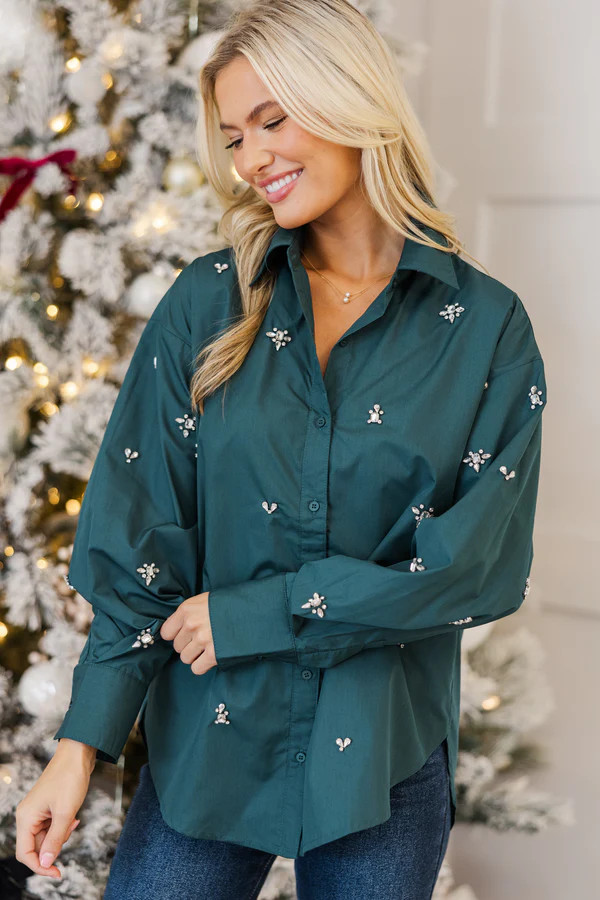 It's Your Destiny Hunter Green Embellished Blouse | The Mint Julep Boutique