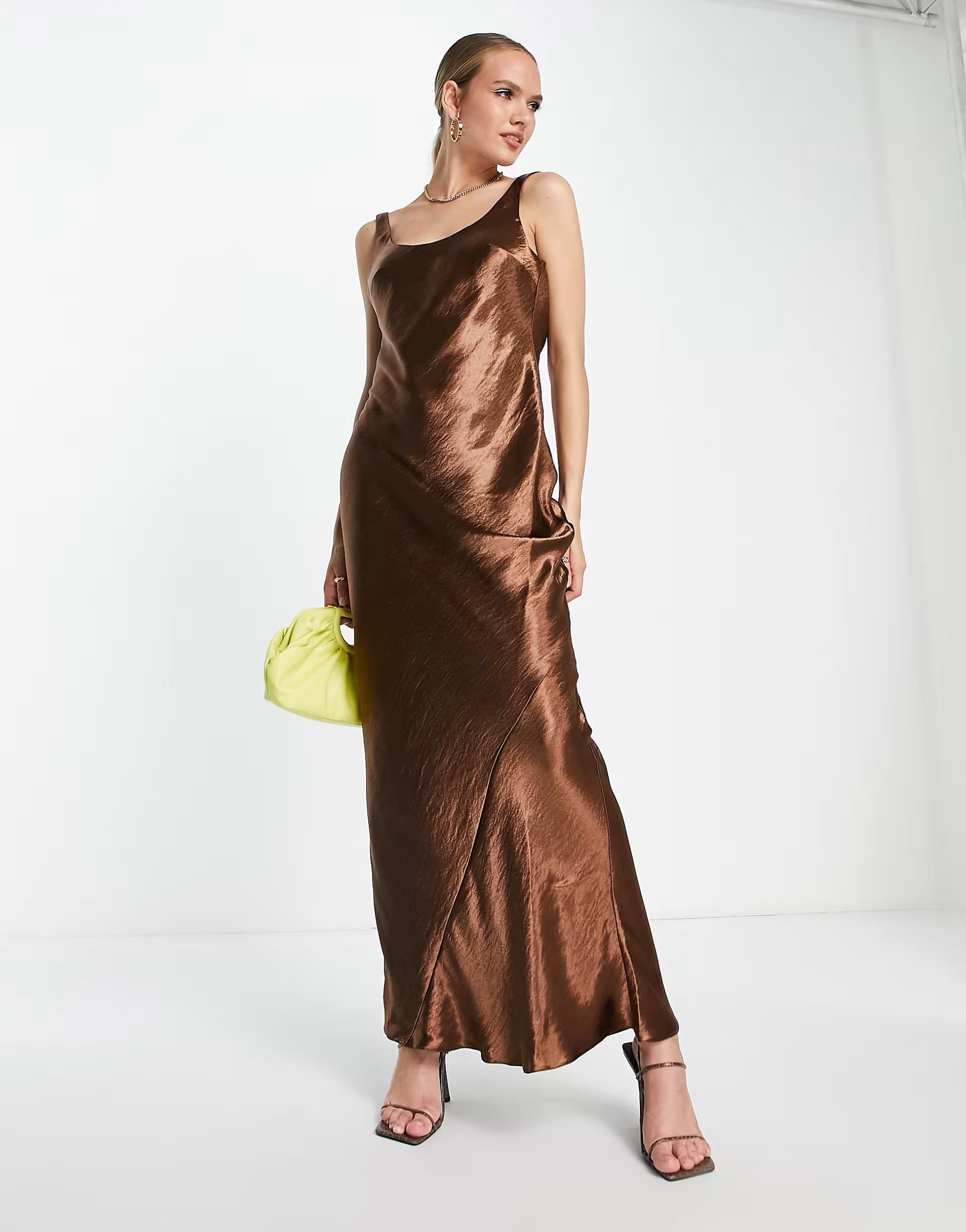 ASOS DESIGN scoop back bias cut satin maxi dress in chocolate | ASOS (Global)