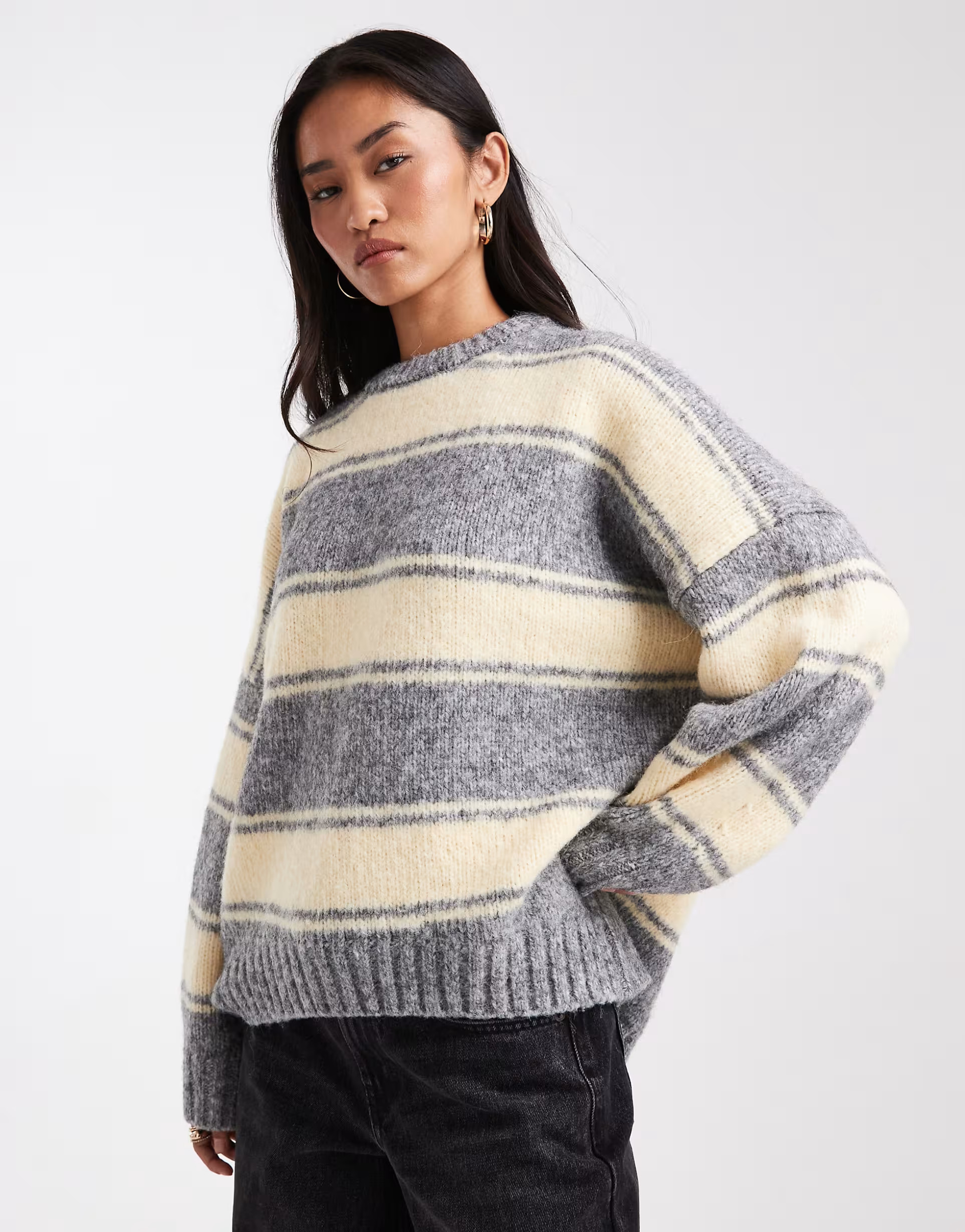 ASOS DESIGN oversized striped crew neck jumper in butter and grey | ASOS (Global)