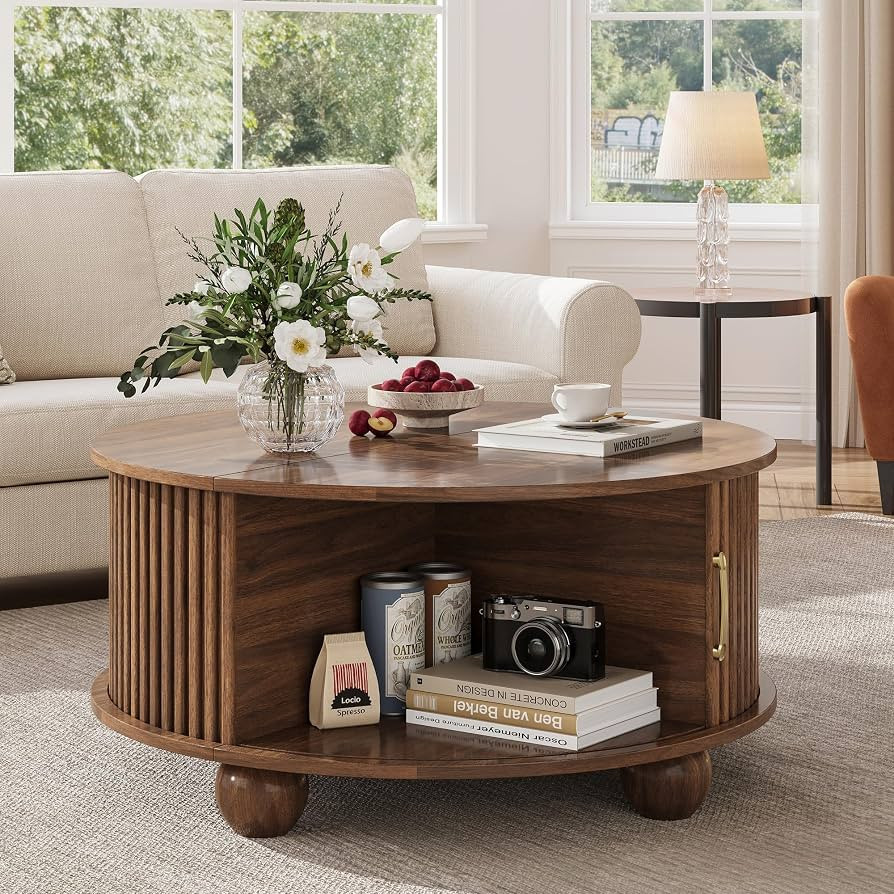 Round Coffee Table with Storage, Accent Fluted Drum Coffee Table with Sliding Cabinet Door, Mid C... | Amazon (US)