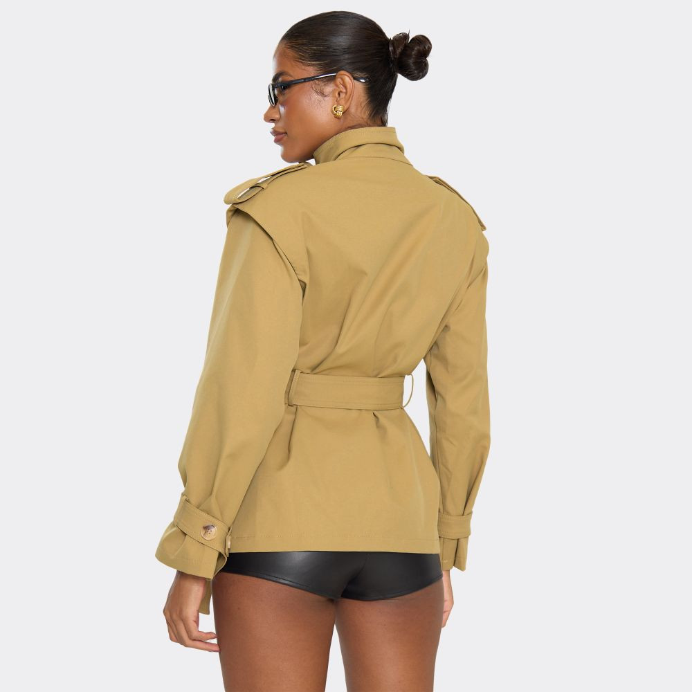 High Neck Belted Waist Short Trench Coat In Taupe | EGO (UK)