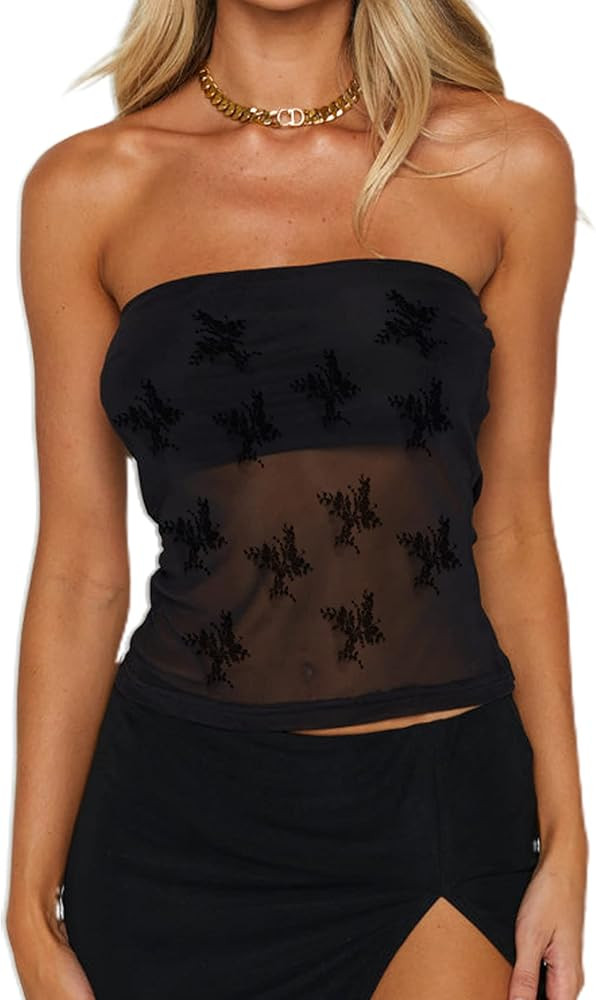 CSDAJIO Women's Sexy Sheer Mesh Tube Top Strapless Bandeau Tops See Through Going Out Crop Top | Amazon (US)