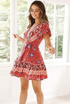 Women's Summer Deep V Neck Leaf Printed Ruffle Hem Split Wrap A Line Mini Dresses with Belt | Amazon (US)