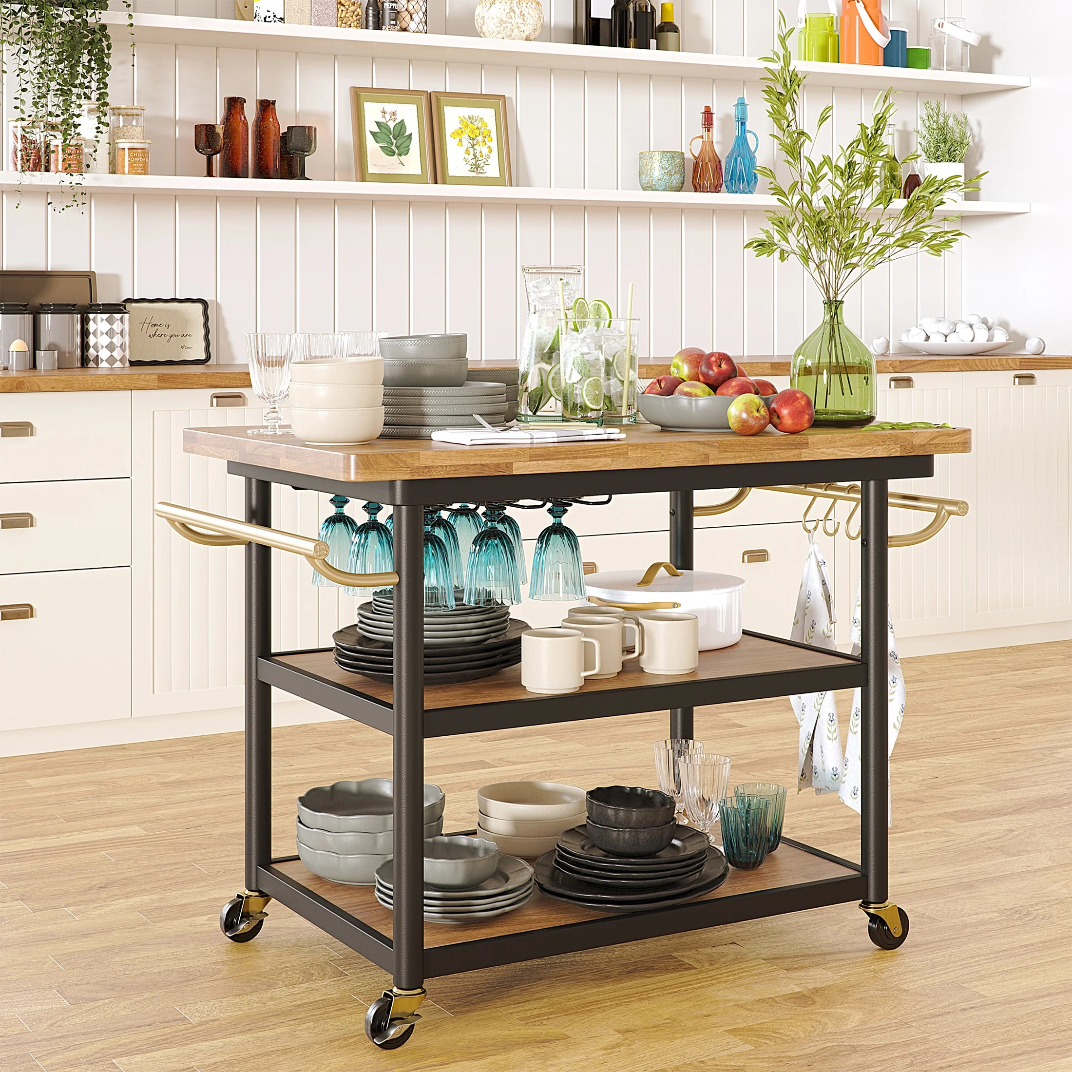 Beautiful Rolling Kitchen Island Cart with 2 Lower Shelves by Drew Barrymore - Walmart.com | Walmart (US)