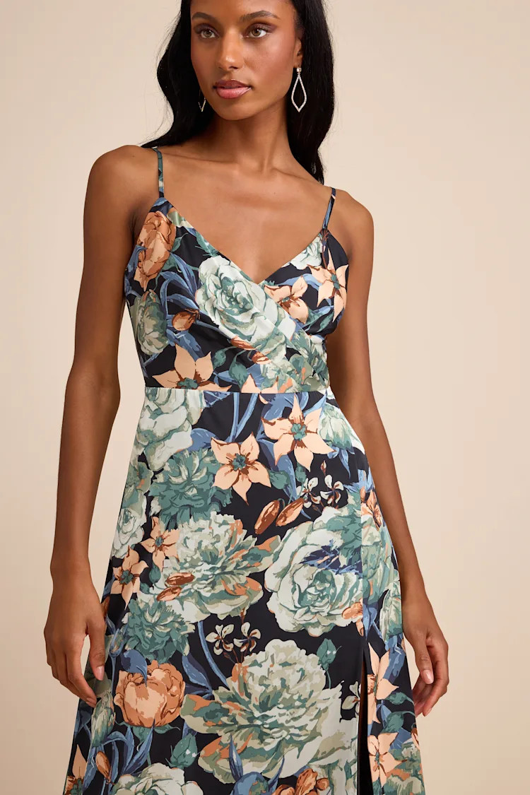 Radiant Occasion Black Multi Floral Satin A-Line Maxi Dress | Lulus