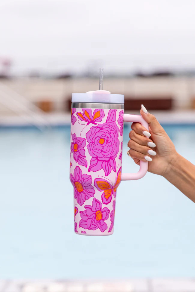 Sippin' Pretty Floral Butterfly 40 oz Drink Tumbler With Lid And Straw | Pink Lily